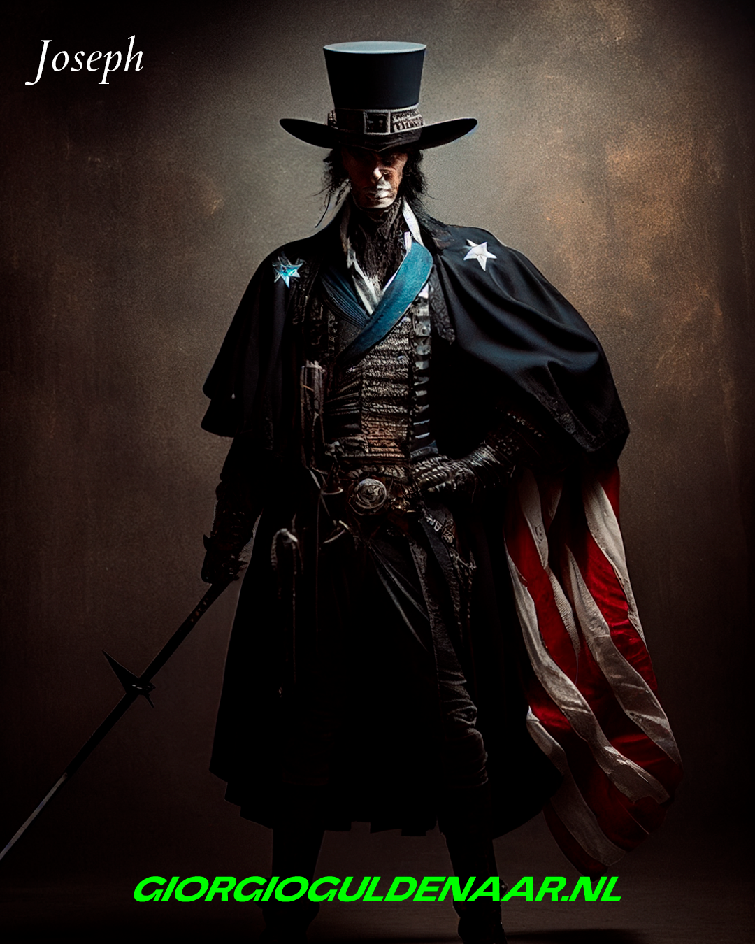American samurai wearing the american flag on his outfit carrying a sword