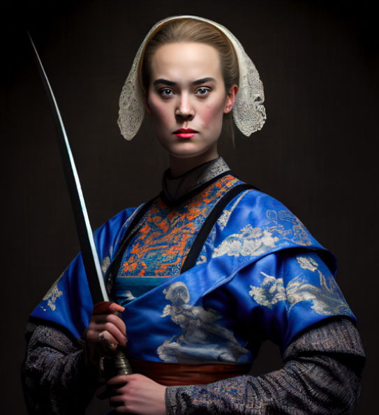 Dutch female samurai holding a sword and wearing a headdress and delfts blauw patterned kimono